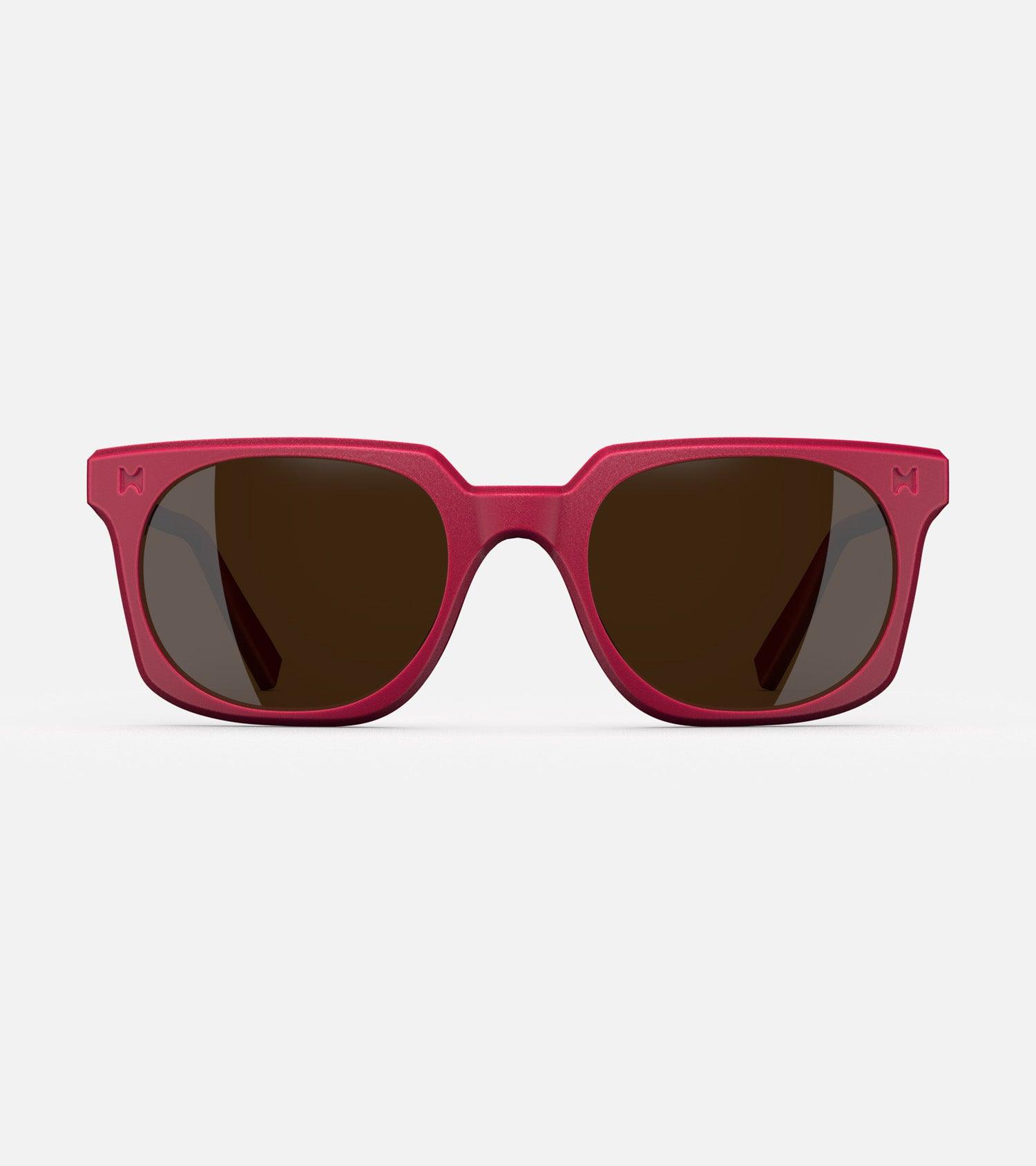 Red square frame glasses with dark lenses, designed with an inclusive fit for all nose bridges, featuring a modern minimalist design