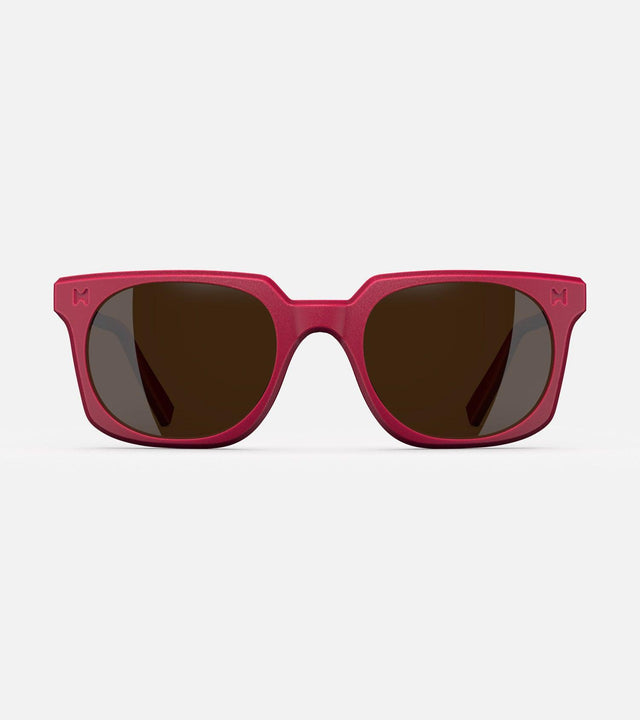 Red square frame glasses with dark lenses, designed with an inclusive fit for all nose bridges, featuring a modern minimalist design