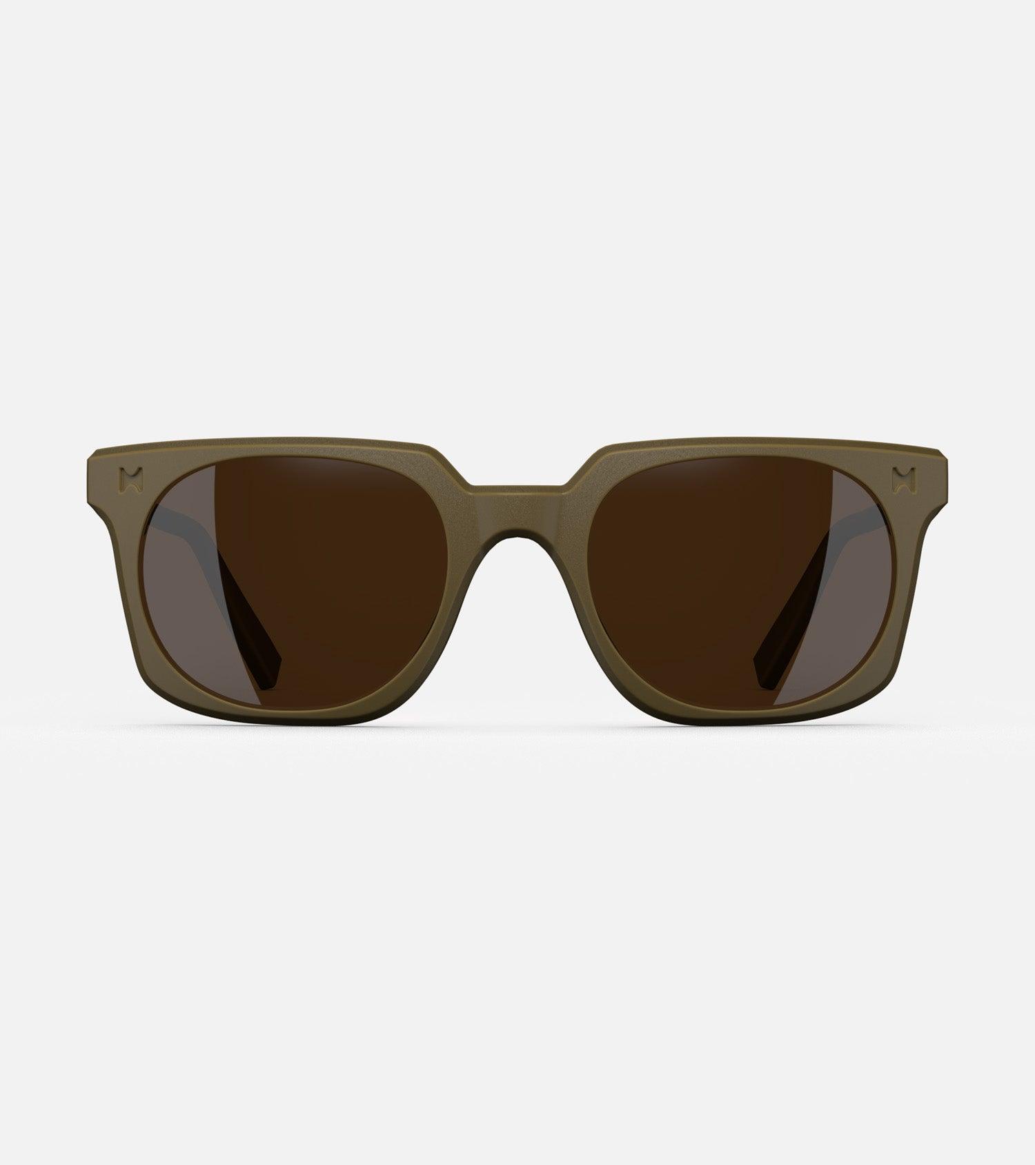 Olive green square frame glasses with dark lenses, designed with an inclusive fit for all nose bridges, featuring a modern minimalist design