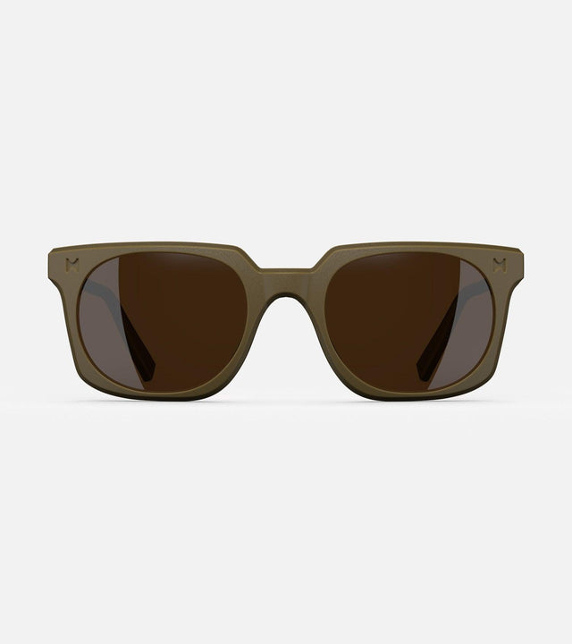 Olive green square frame glasses with dark lenses, designed with an inclusive fit for all nose bridges, featuring a modern minimalist design