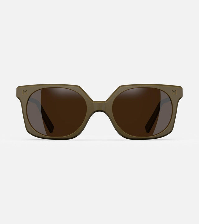 Olive green square frame glasses with dark lenses, designed with an inclusive fit for all nose bridges, featuring a modern minimalist design