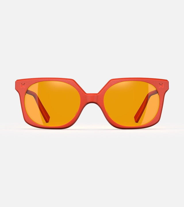 Orange square-frame glasses with yellow lenses, designed with an inclusive fit for all nose bridges, featuring a modern minimalist design