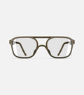 Olive green aviator glasses with a double bridge design, featuring clear lenses and sleek side arms for a bold, modern look.
