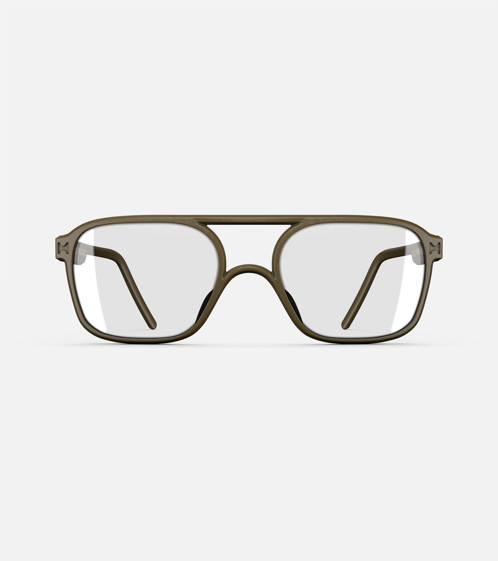 Olive green aviator glasses with a double bridge design, featuring clear lenses and sleek side arms for a bold, modern look.