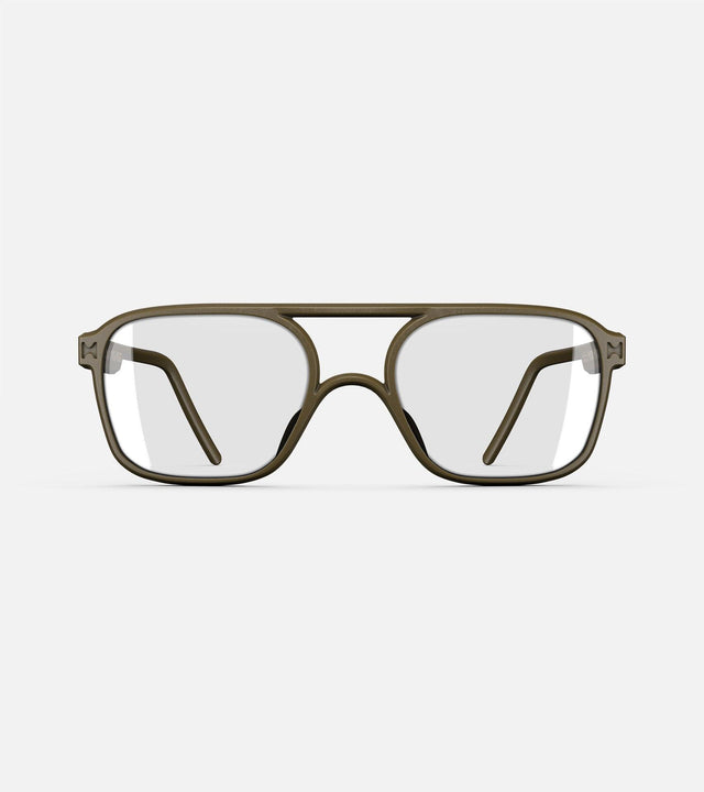 Olive green aviator glasses with a double bridge design, featuring clear lenses and sleek side arms for a bold, modern look.