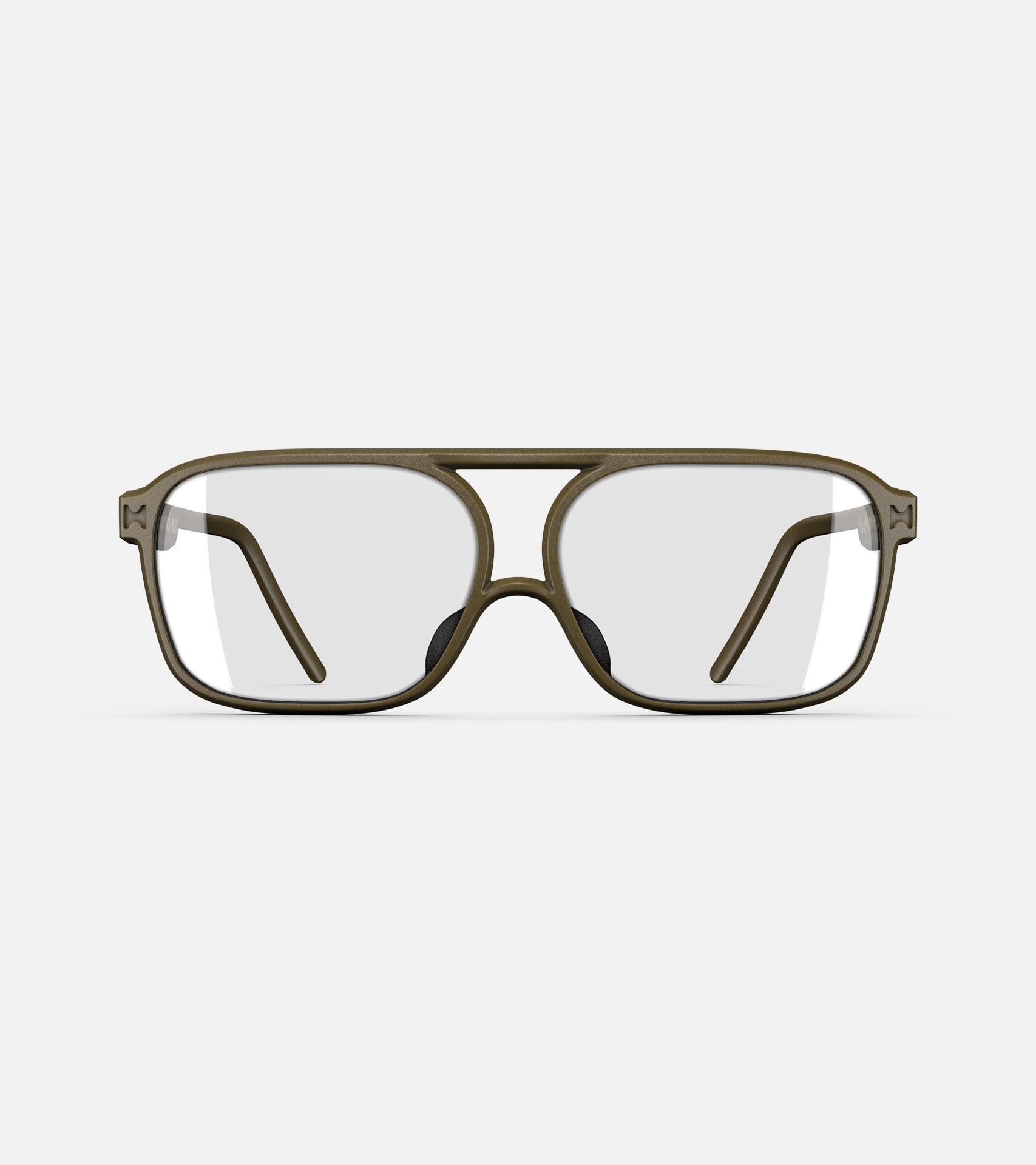 Olive green aviator glasses with a double bridge design, featuring clear lenses and sleek side arms for a bold, modern look.