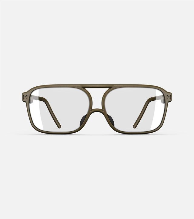 Olive green aviator glasses with a double bridge design, featuring clear lenses and sleek side arms for a bold, modern look.