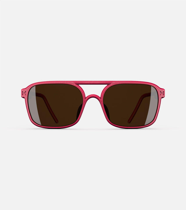 Red aviator glasses with a double bridge design, featuring dark lenses and sleek side arms for a bold, modern look.