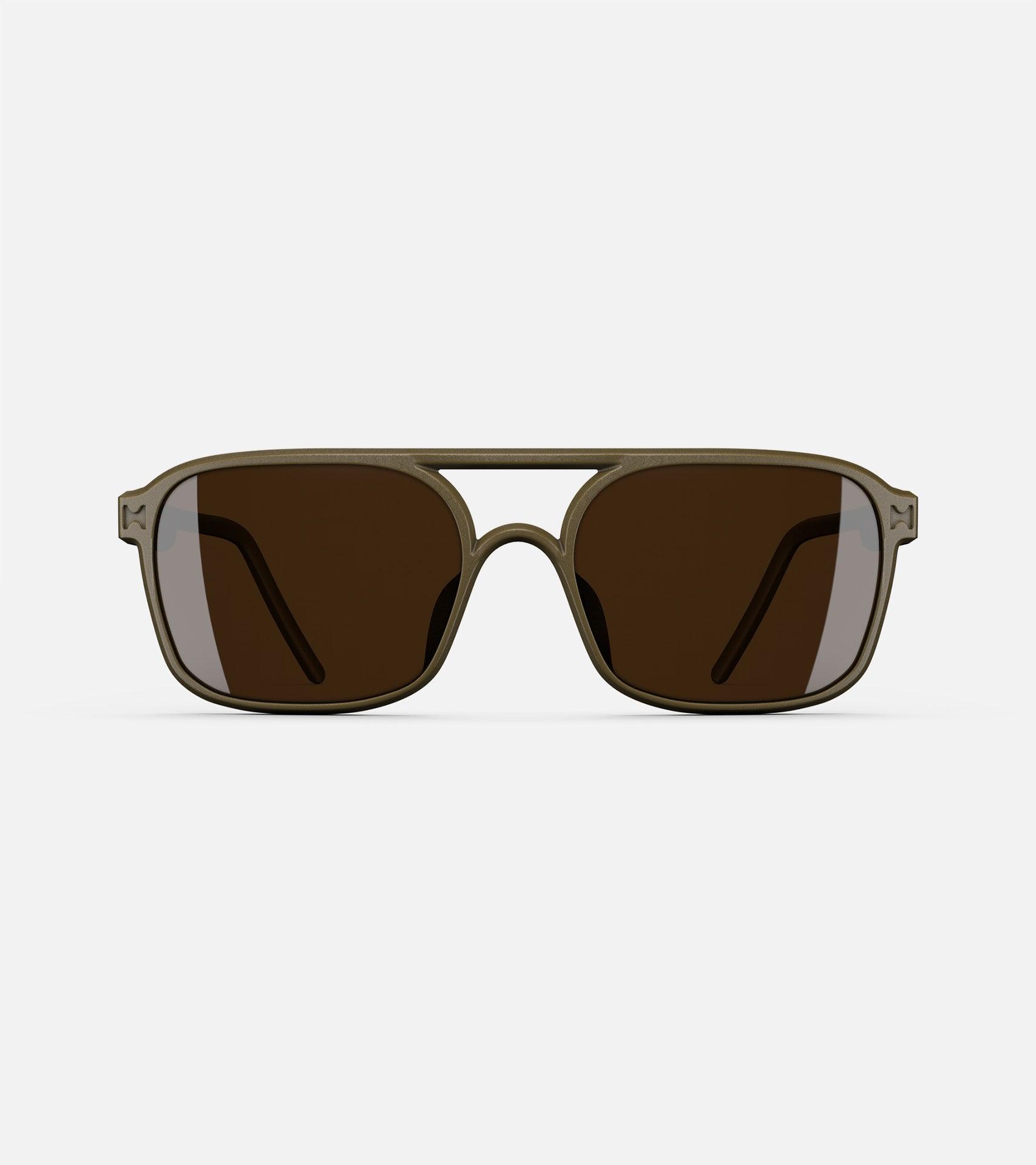 Olive green aviator glasses with a double bridge design, featuring dark lenses and sleek side arms for a bold, modern look.