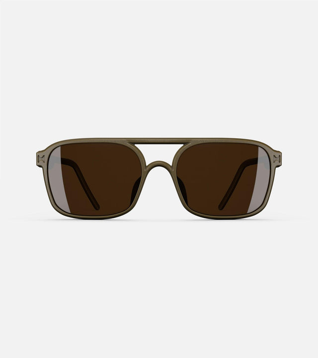 Olive green aviator glasses with a double bridge design, featuring dark lenses and sleek side arms for a bold, modern look.