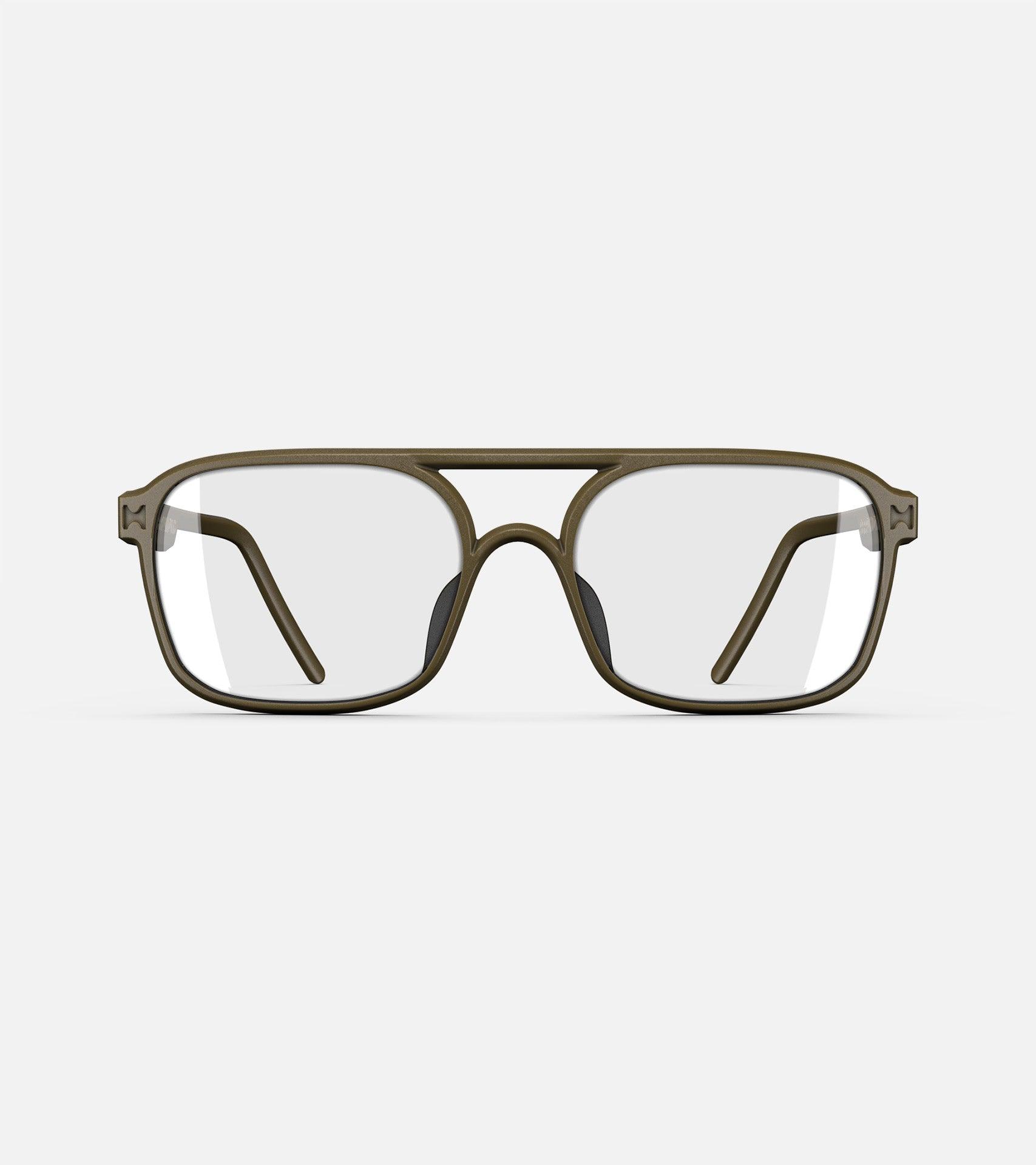 Olive green aviator glasses with a double bridge design, featuring clear lenses and sleek side arms for a bold, modern look.