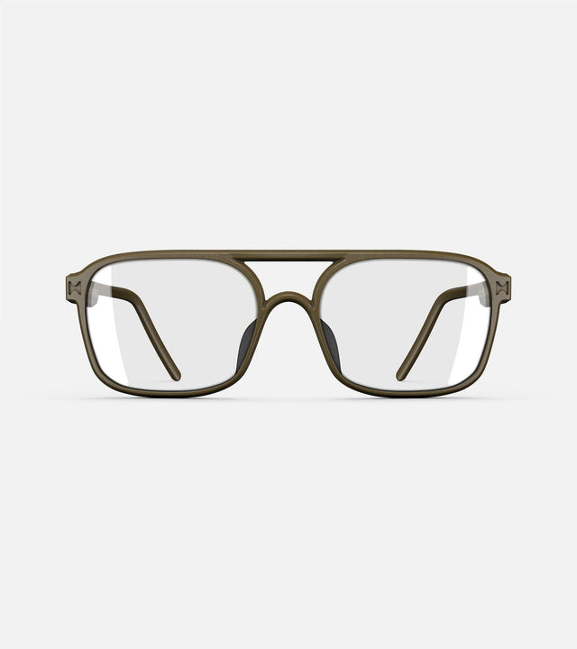 Olive green aviator glasses with a double bridge design, featuring clear lenses and sleek side arms for a bold, modern look.