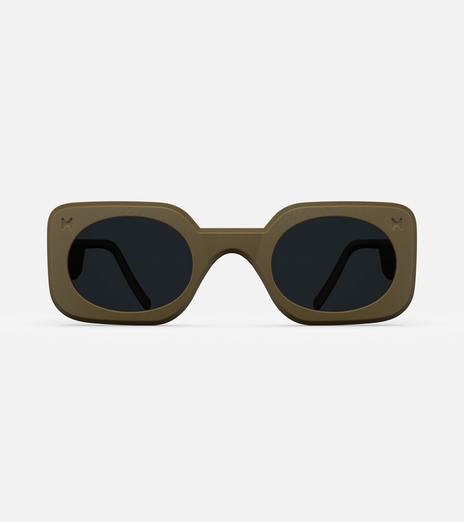  3D printed olive Planga sunglasses with a bold rectangular frame and dark lenses, designed for a comfortable fit across multiple nose bridges