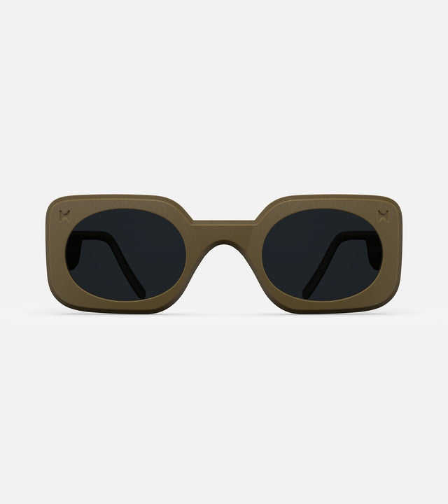  3D printed olive Planga sunglasses with a bold rectangular frame and dark lenses, designed for a comfortable fit across multiple nose bridges