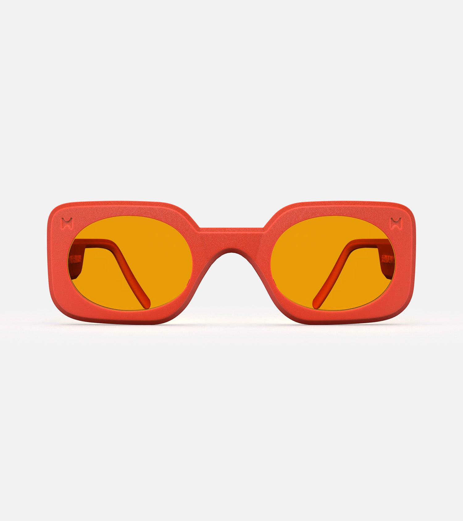Stylish 3D printed orange Planga sunglasses with a bold rectangular frame and yellow lenses, designed for a comfortable fit across multiple nose bridges