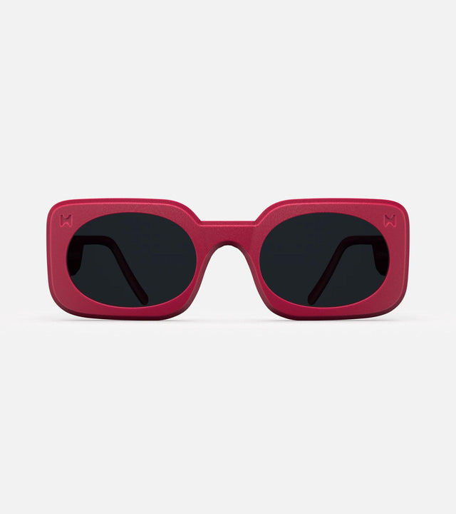 Vibrant red Planga sunglasses by Reframd  for high nose bridges, with bold, square frames and grey oval lenses, ideal for sunny outings.