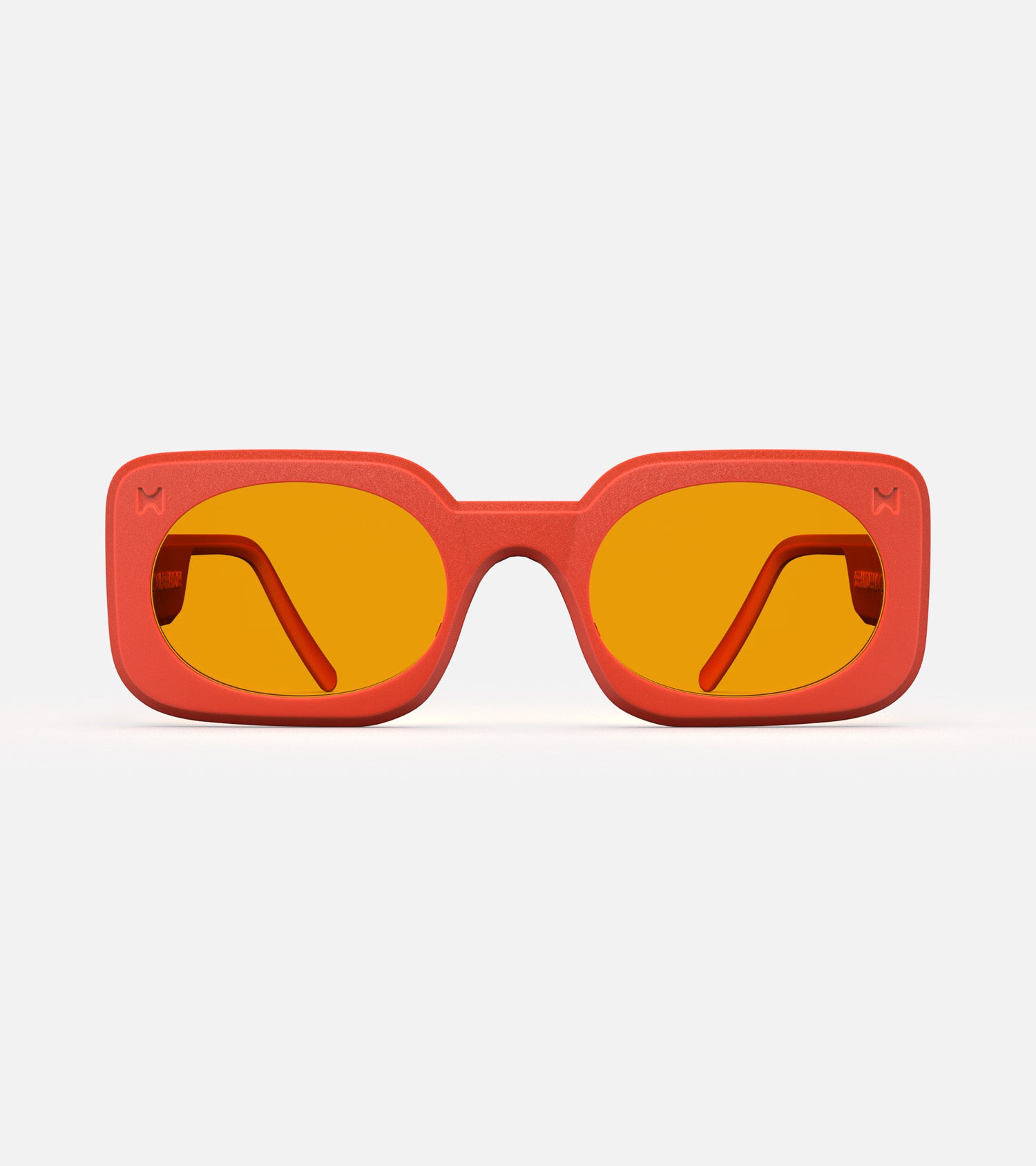 Stylish 3D printed orange Planga sunglasses with a bold rectangular frame and yellow lenses, designed for a comfortable fit across multiple nose bridges
