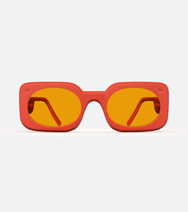 Stylish 3D printed orange Planga sunglasses with a bold rectangular frame and yellow lenses, designed for a comfortable fit across multiple nose bridges