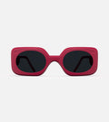 Stylish 3D printed red Planga sunglasses with a bold rectangular frame and dark lenses, designed for a comfortable fit across diverse nose bridges