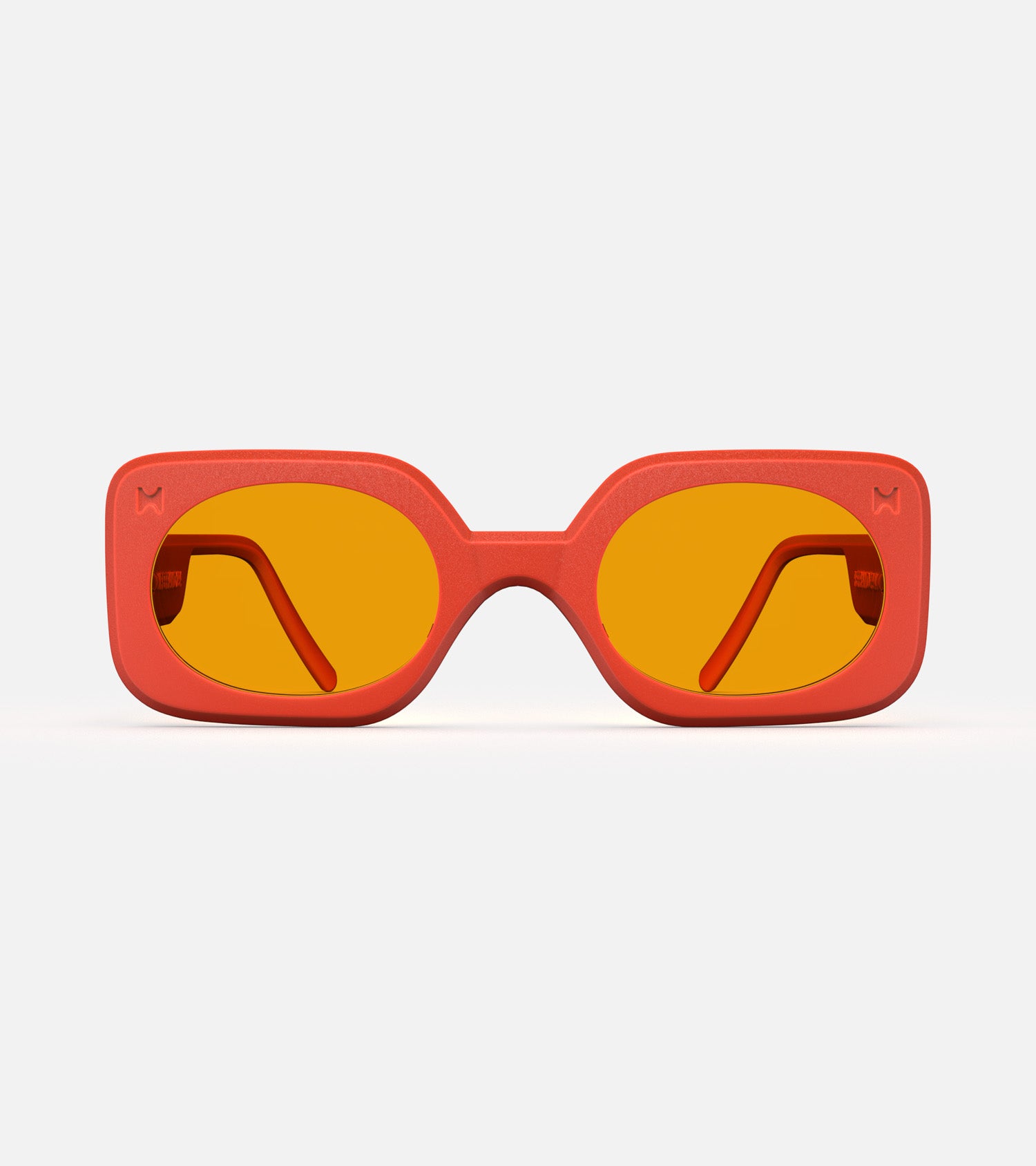 Stylish 3D printed orange Planga sunglasses with a bold rectangular frame and yellow lenses, designed for a comfortable fit across multiple nose bridges