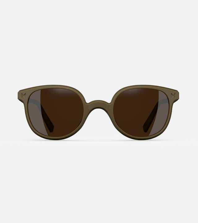 Modern Olive sunglasses for wide nose bridges with round brown lenses