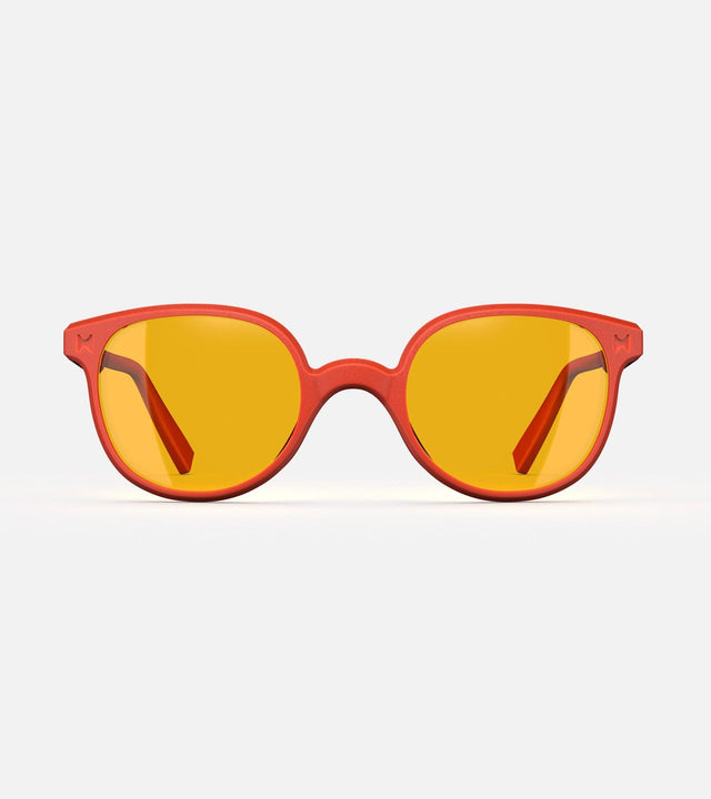 Classic orange sunglasses for wide nose bridges with round amber coloured lenses
