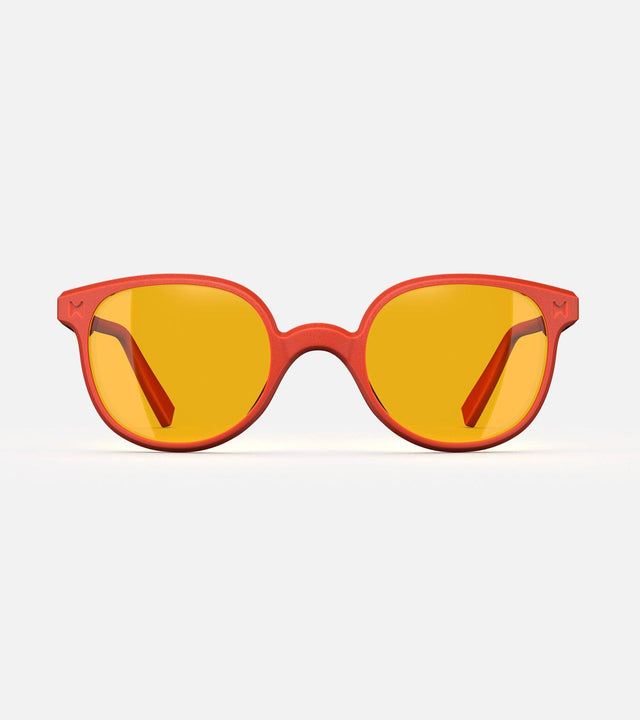 Classic orange 3D printed sunglasses with yellow lenses, featuring a versatile and comfortable fit for various nose bridges