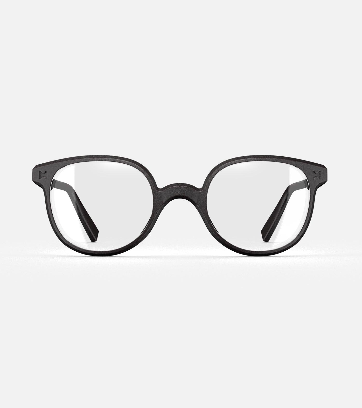 Black 3D printed glasses with clear lenses, featuring a versatile and comfortable fit for various nose profiles, perfect for those seeking modern, stylish eyewear with customization options