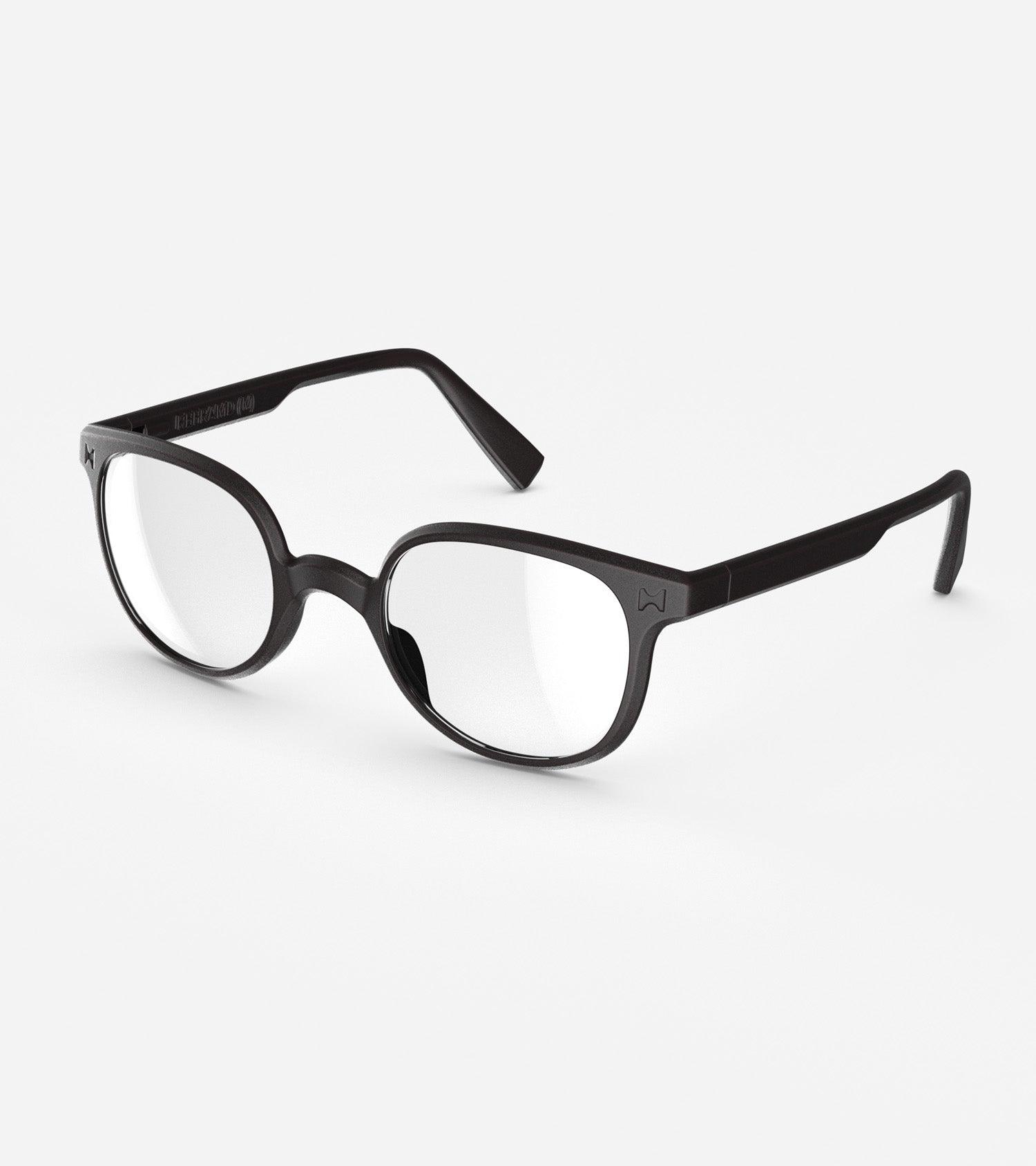 Black 3D printed glasses with clear lenses, featuring a versatile and comfortable fit for various nose profiles, perfect for those seeking modern, stylish eyewear with customization options