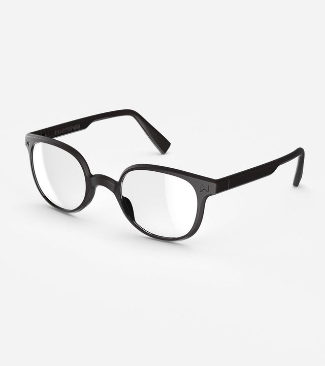 Black 3D printed glasses with clear lenses, featuring a versatile and comfortable fit for various nose profiles, perfect for those seeking modern, stylish eyewear with customization options