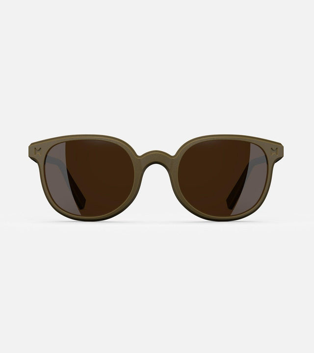 Modern olive framed sunglasses for narrow nose bridges with round brown lenses on a white background