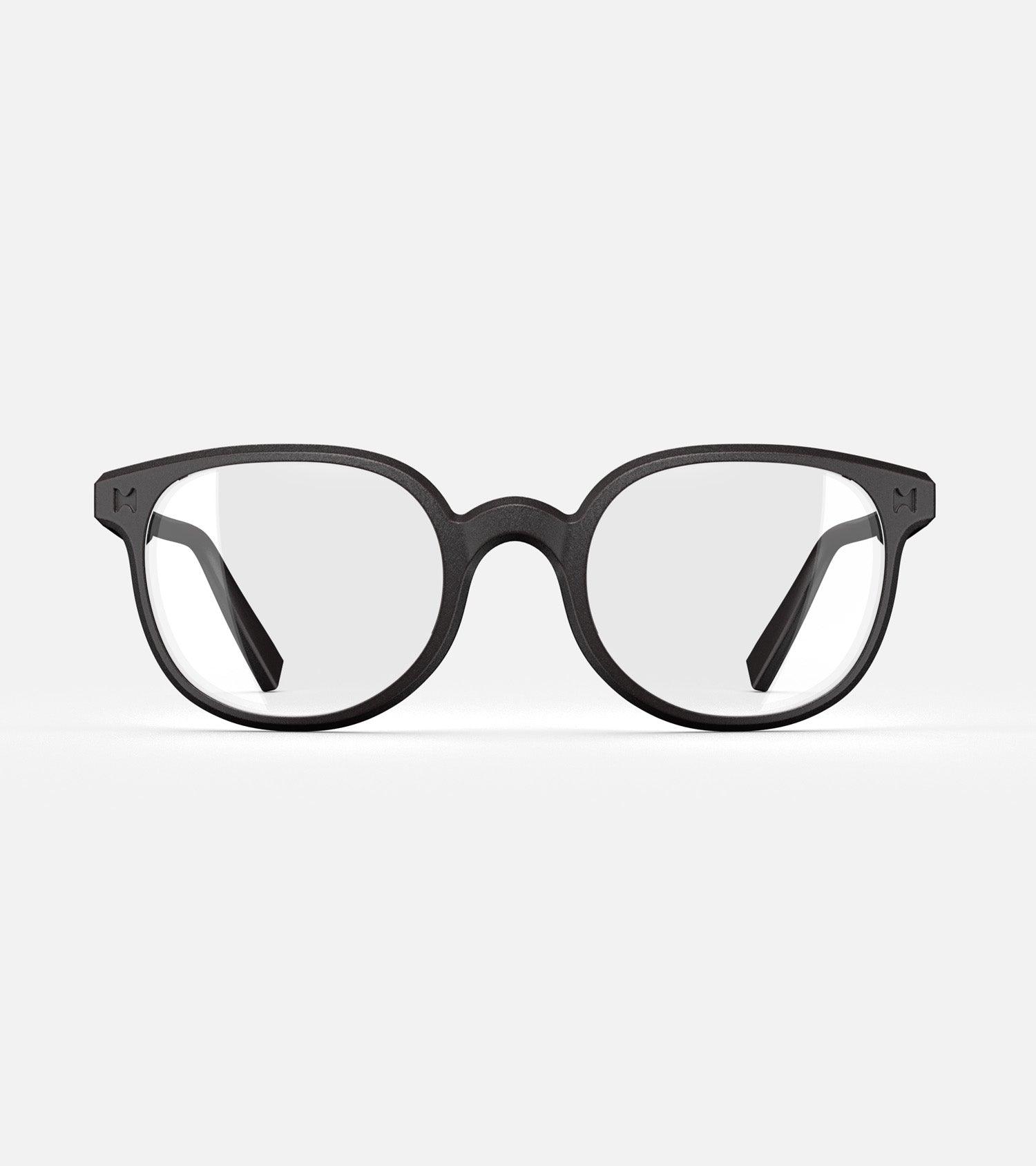 Black 3D printed glasses with clear lenses, featuring a versatile and comfortable fit for various nose profiles