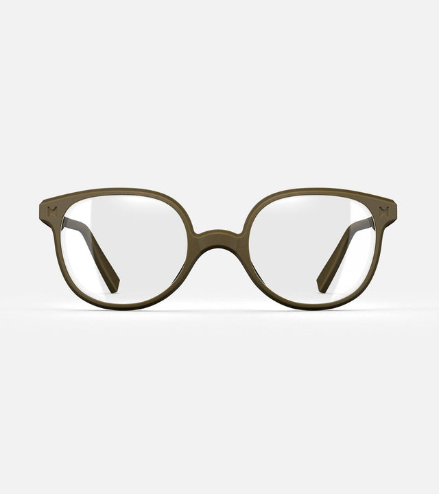 Classic olive glasses for Asia fit nose bridges with round brown lenses on a white background