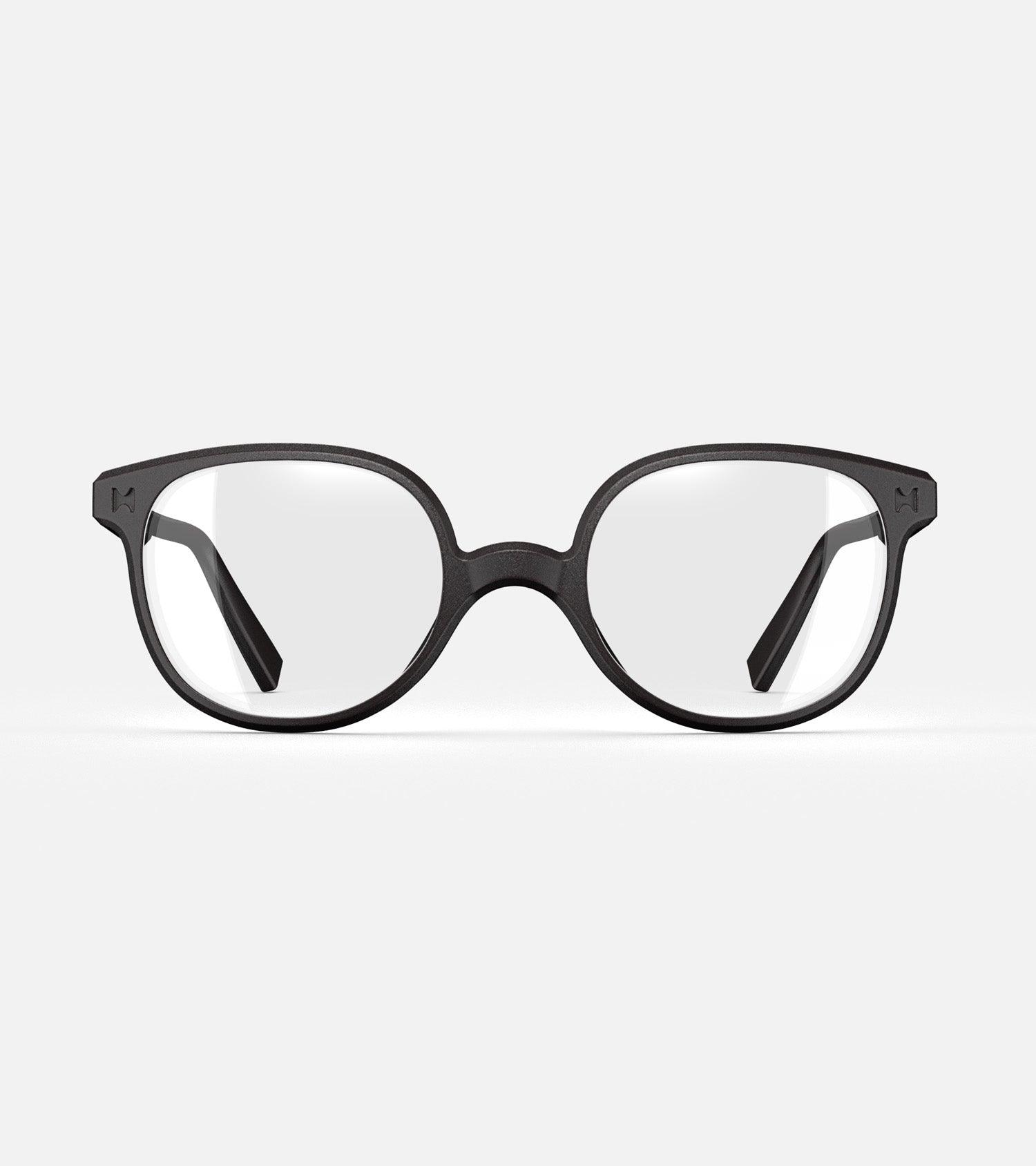 Modern black framed glasses for Asia fit nose bridges with round brown lenses on a white background