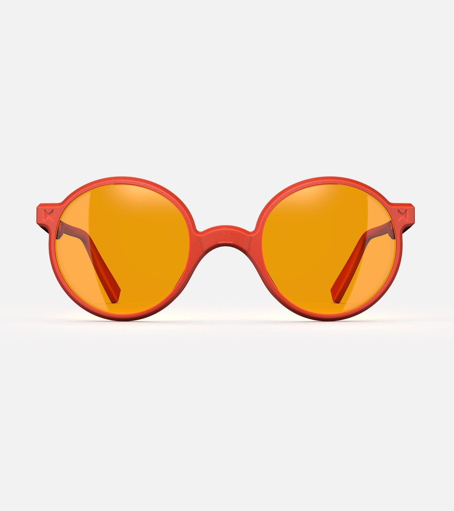 Round orange 3D-printed glasses with orange lenses are designed for an excellent fit across various nose profiles. Offering stylish and comfortable option for those seeking unique and customizable eyewear.