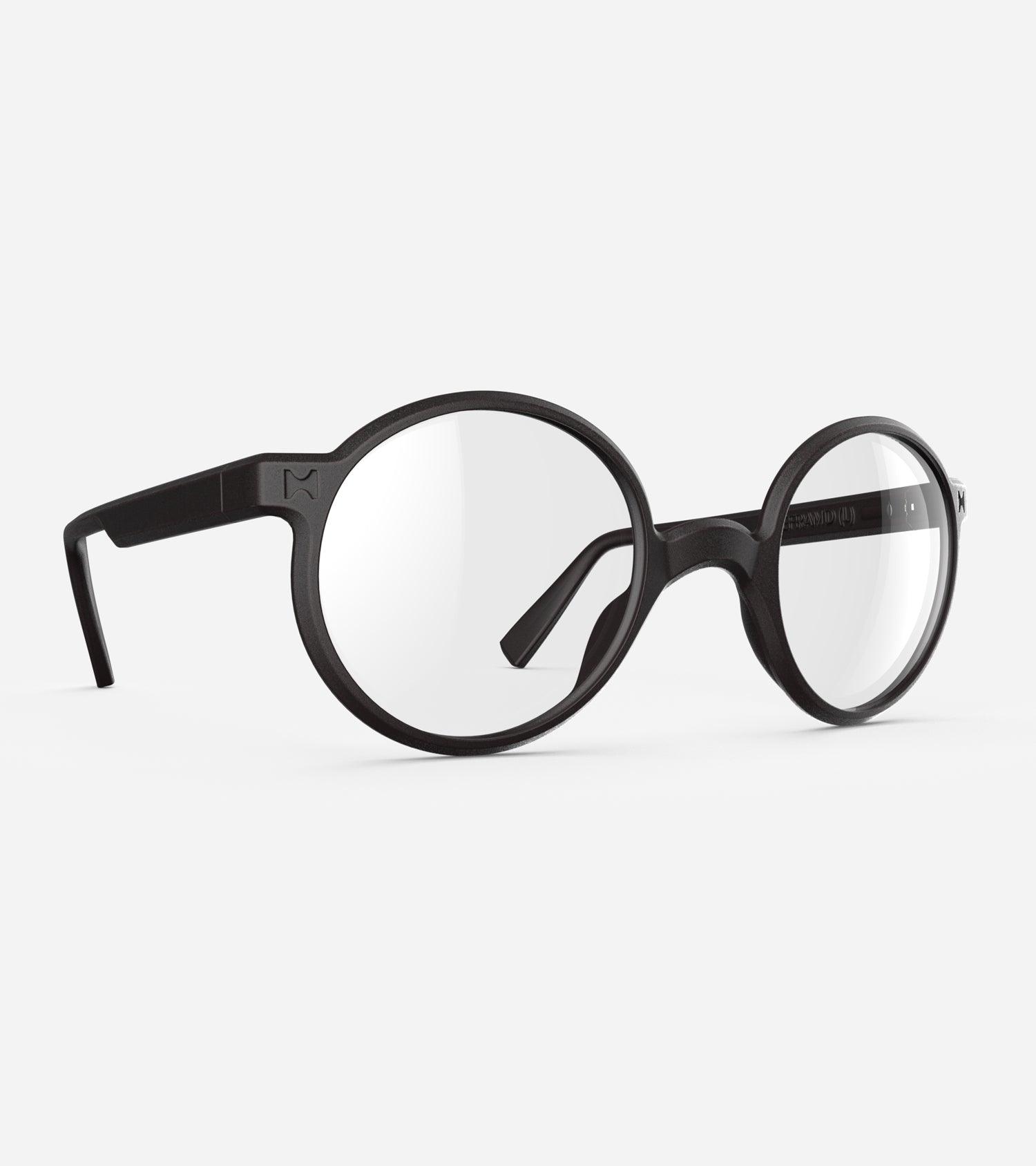 Round black 3D-printed glasses with clear lenses are designed for an excellent fit across various nose profiles. Offering stylish and comfortable option for those seeking unique and customizable eyewear.
