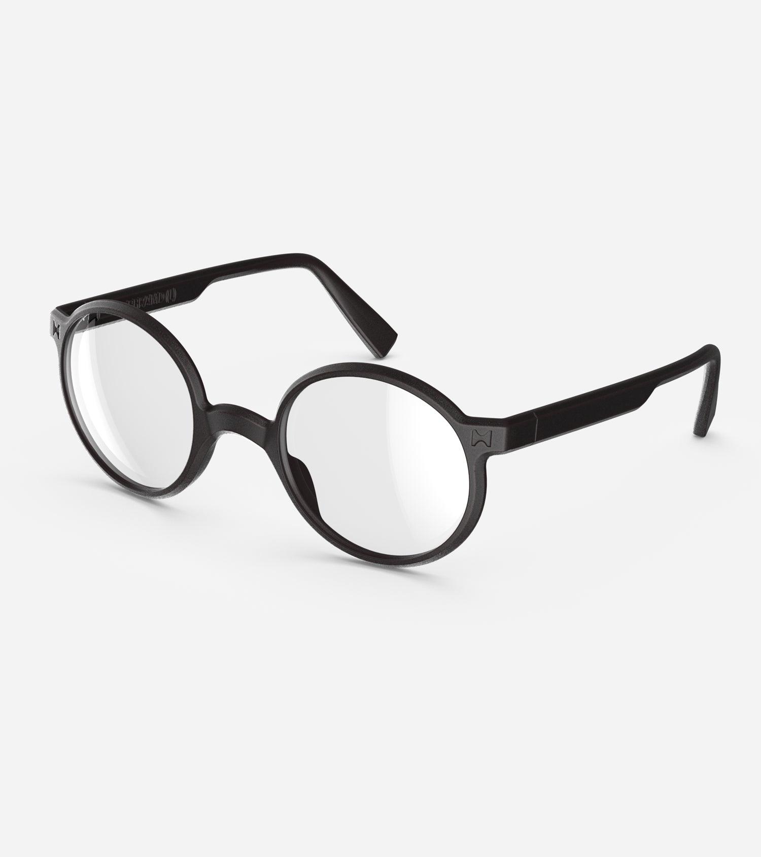 Round black 3D-printed glasses with clear lenses are designed for an excellent fit across various nose profiles. Offering stylish and comfortable option for those seeking unique and customizable eyewear.