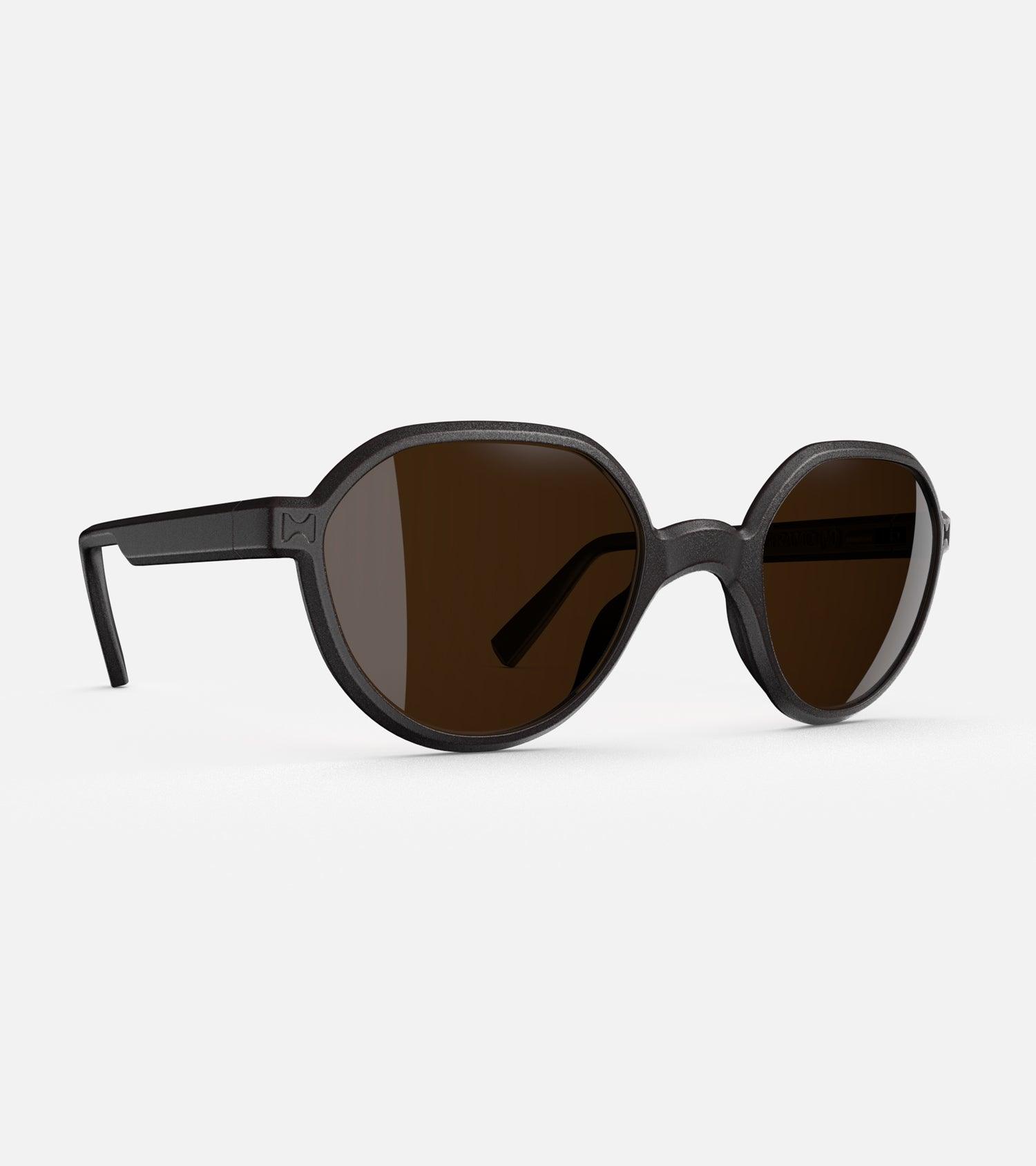 3D printed modern black round sunglasses with brown lenses, offering a stylish and sustainable choice for low nose bridges