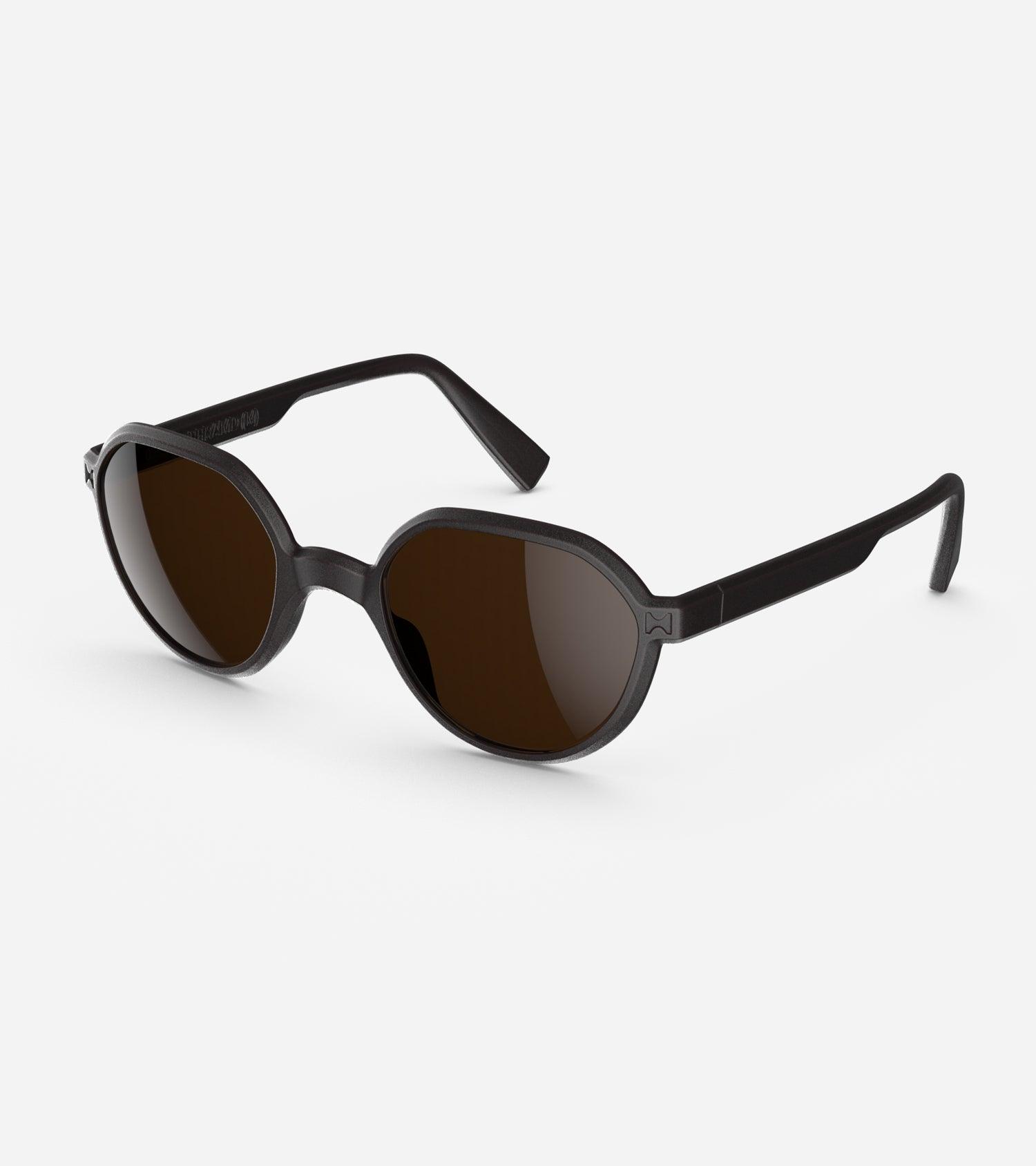 3D printed modern black round sunglasses with brown lenses, offering a stylish and sustainable choice for low nose bridges