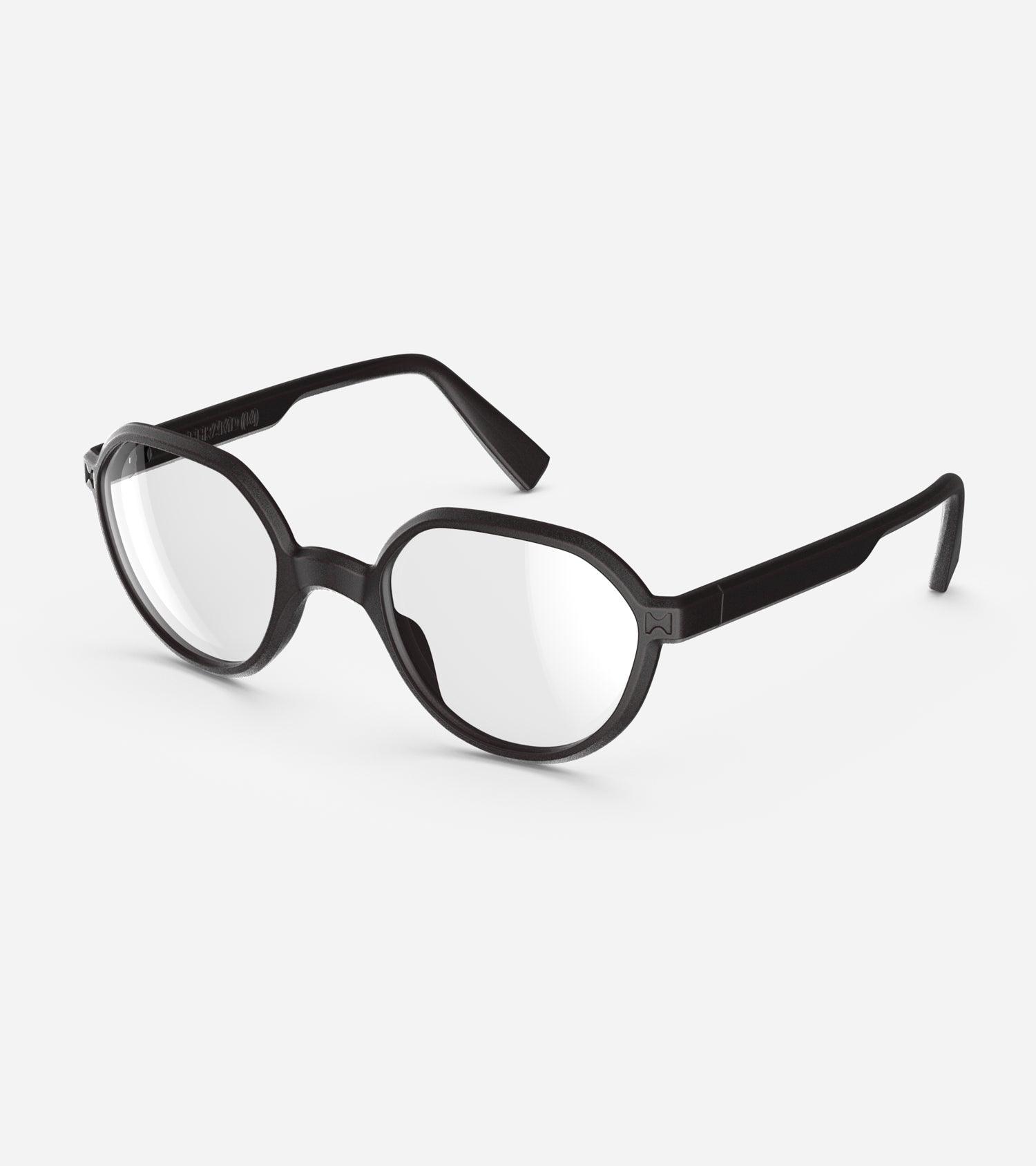 3D printed black round eyeglasses with unique frame design, offering a stylish and sustainable choice for all face shapes