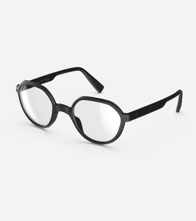 3D printed black round eyeglasses with unique frame design, offering a stylish and sustainable choice for all face shapes