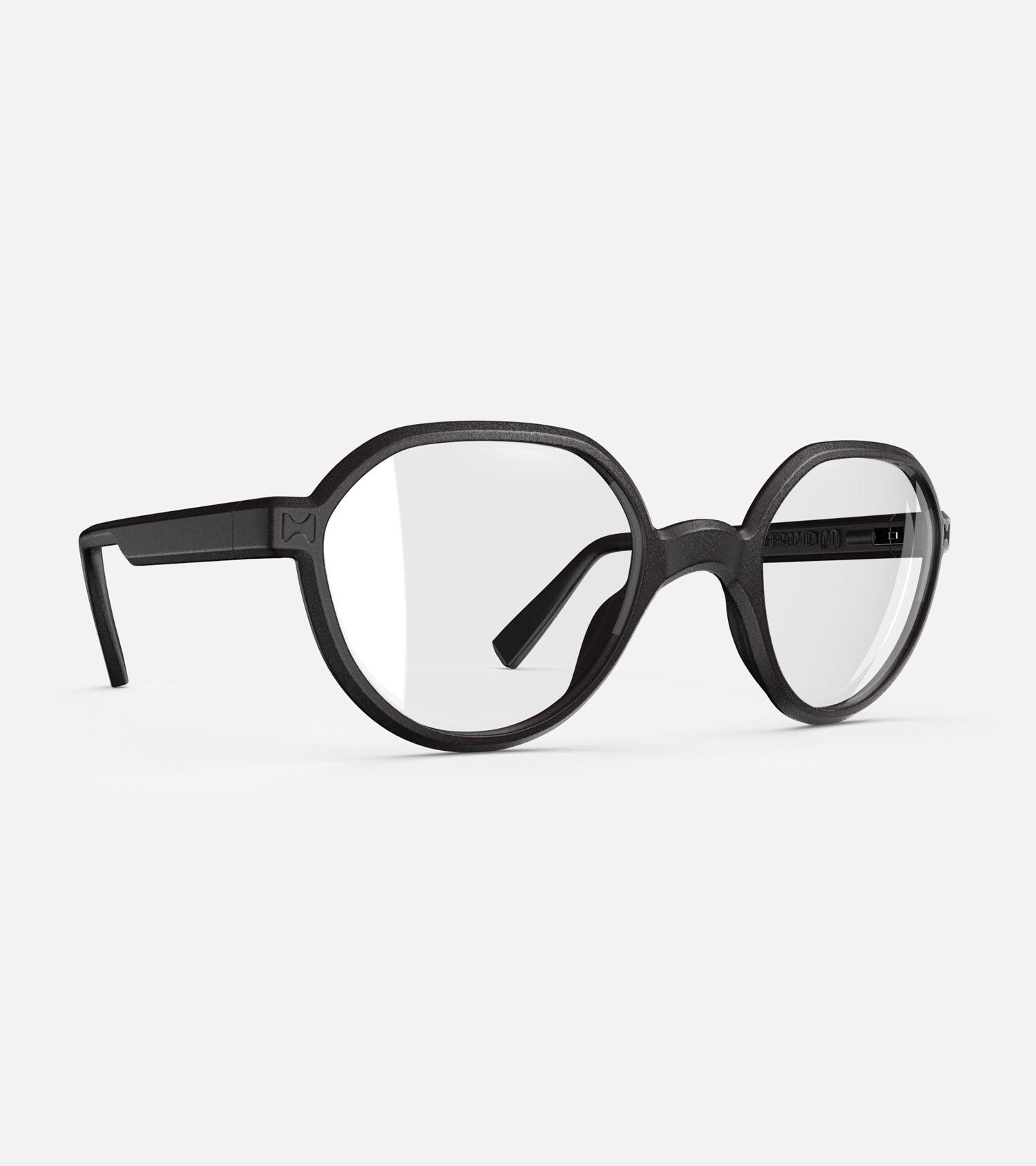 3D printed black round eyeglasses with unique frame design, offering a stylish and sustainable choice for all face shapes