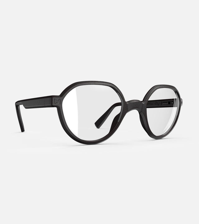 3D printed black round eyeglasses with unique frame design, offering a stylish and sustainable choice for all face shapes