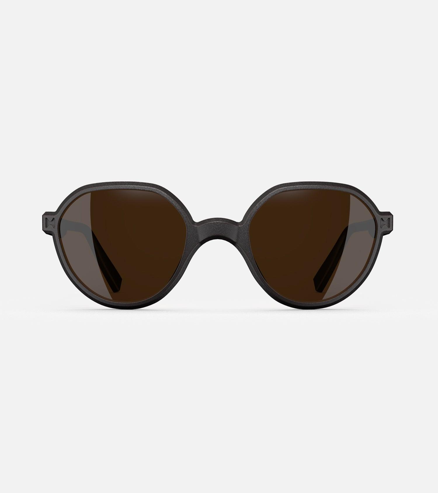 3D printed modern black round sunglasses with brown lenses, offering a stylish and sustainable choice for low nose bridges