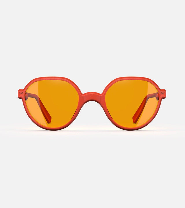 3D printed orange  round sunglasses with yellow lenses, offering a stylish and sustainable choice for low nose bridges