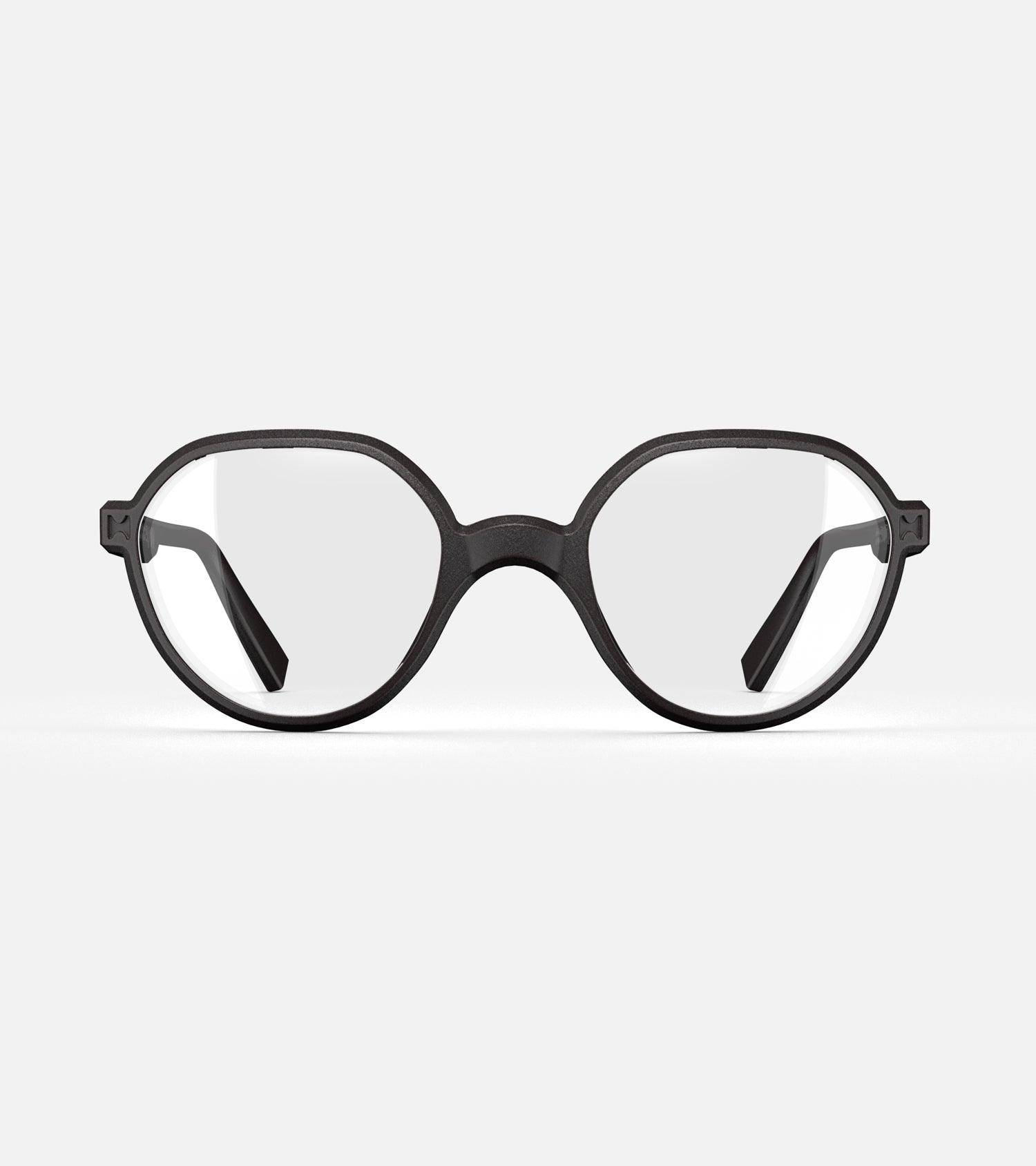 3D printed black round eyeglasses with unique frame design, offering a stylish and sustainable choice for all face shapes