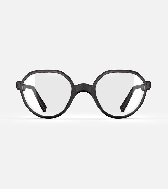 3D printed black round eyeglasses with unique frame design, offering a stylish and sustainable choice for all face shapes