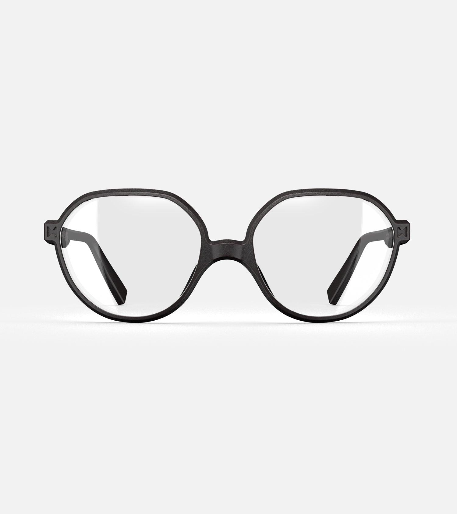 3D printed black round eyeglasses with unique frame design, offering a stylish and sustainable choice for all face shapes
