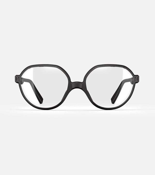 3D printed black round eyeglasses with unique frame design, offering a stylish and sustainable choice for all face shapes
