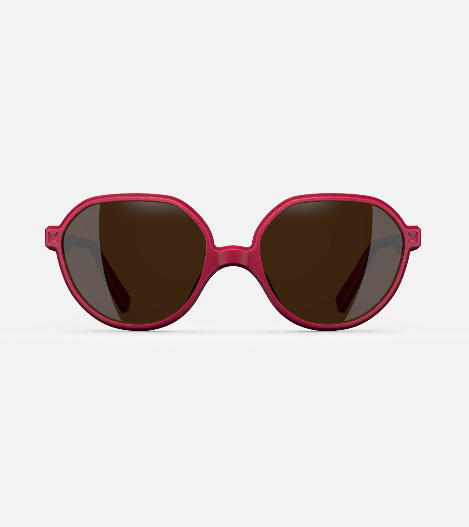 3D printed red round sunglasses with brown lenses, offering a stylish and sustainable choice for low nose bridges